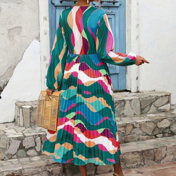 Multicolor Boho Womens All Over Print Lantern Sleeve Pleated Hem Dress - Picture 3 of 5